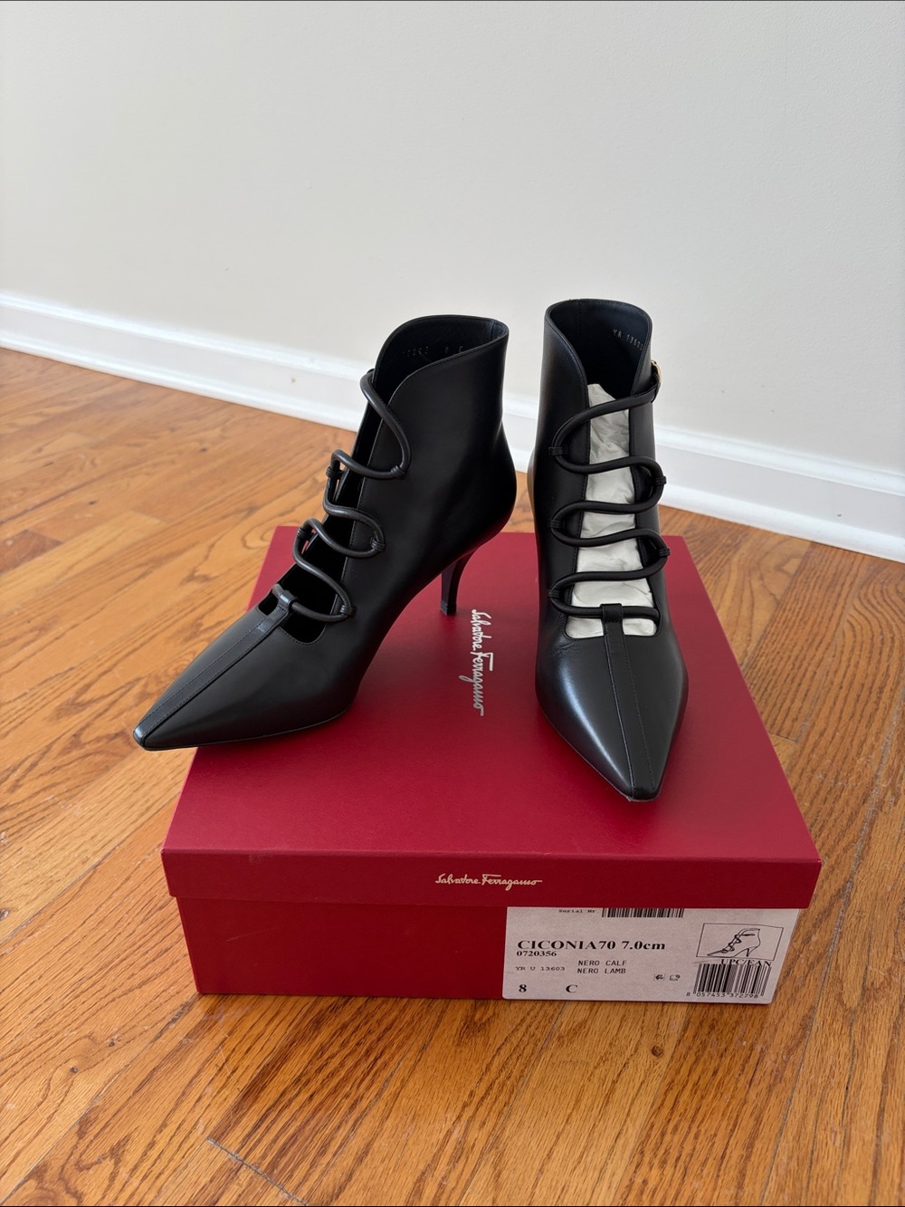 Salvatore Ferragamo Black Leather Pointed Lace-Up Ankle Boots